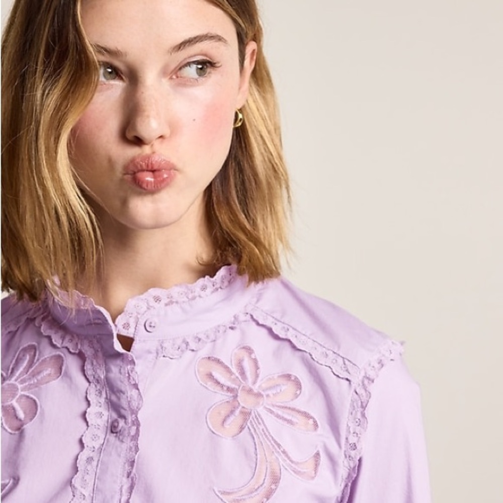 Old Navy x Anna Sui Lilac Embroidered Ruffle Button-Down Shirt - Picture 2 of 9